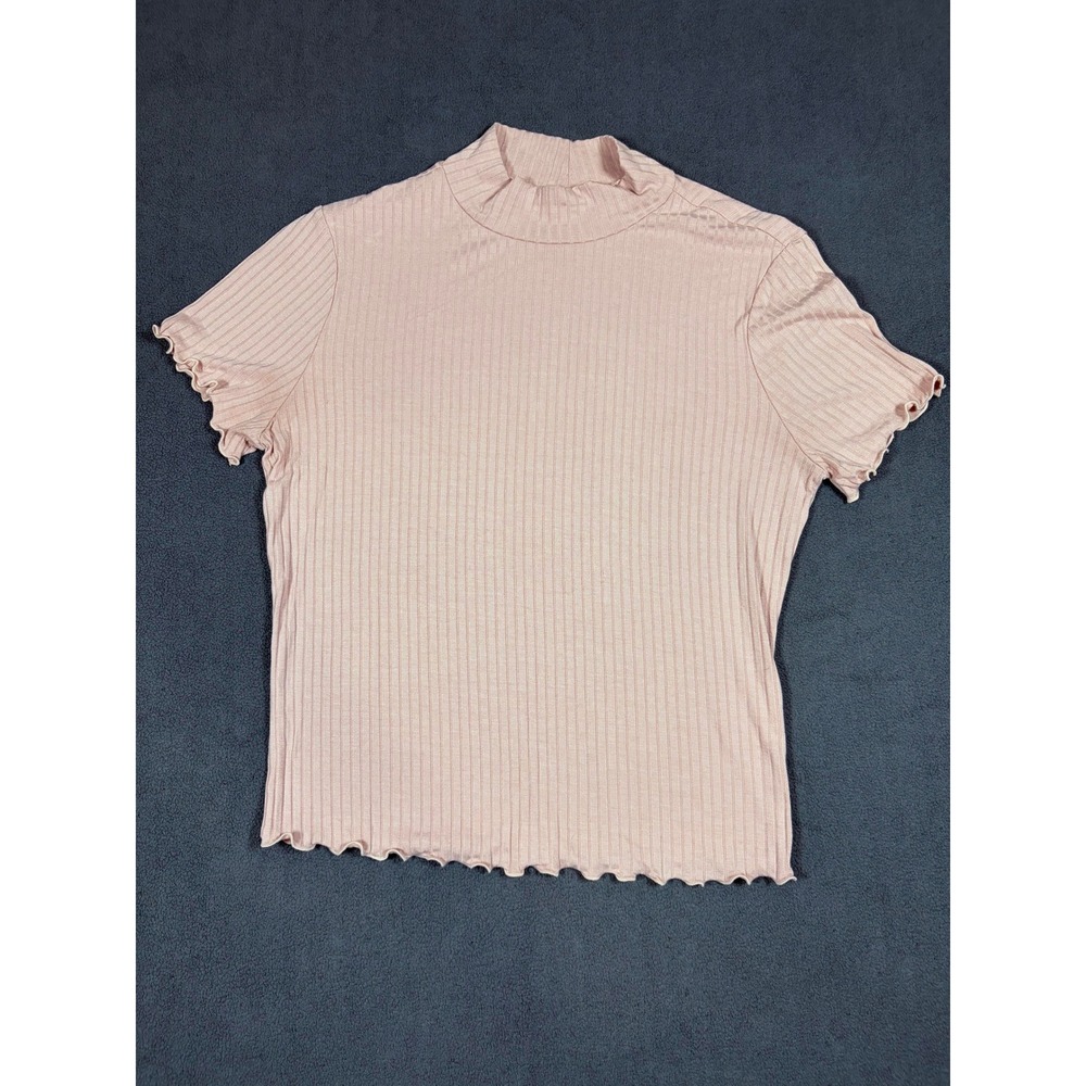 Candie's Mock Neck Top Womens Medium Pink Ribbed Lettuce Trim Short Sleeve